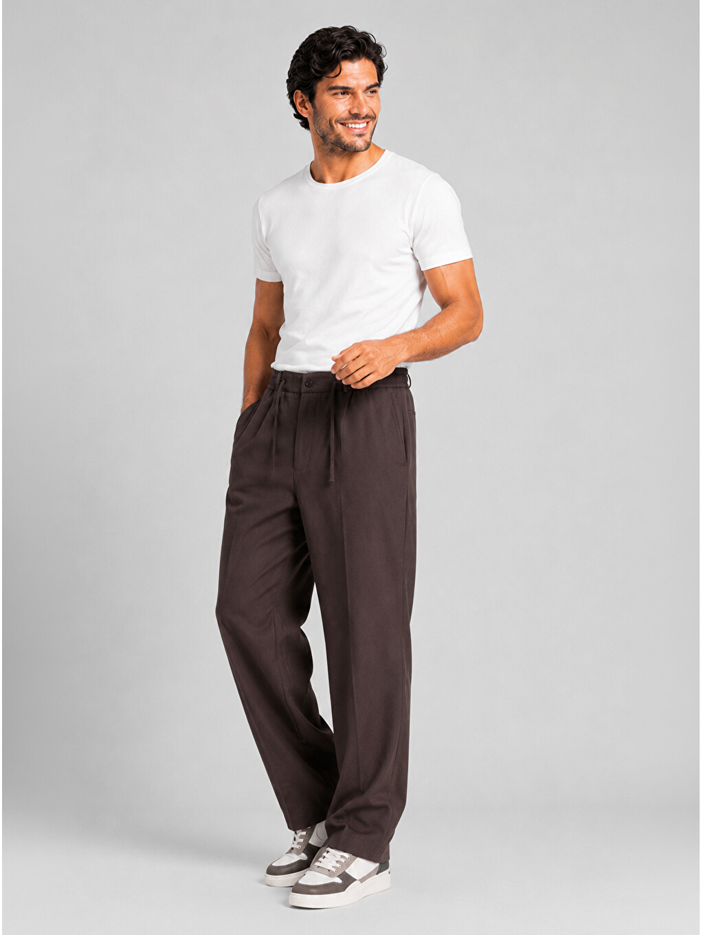 Erkek Acı Kahverengi Relax Fit Bağcıklı Baggy Pantolon-5