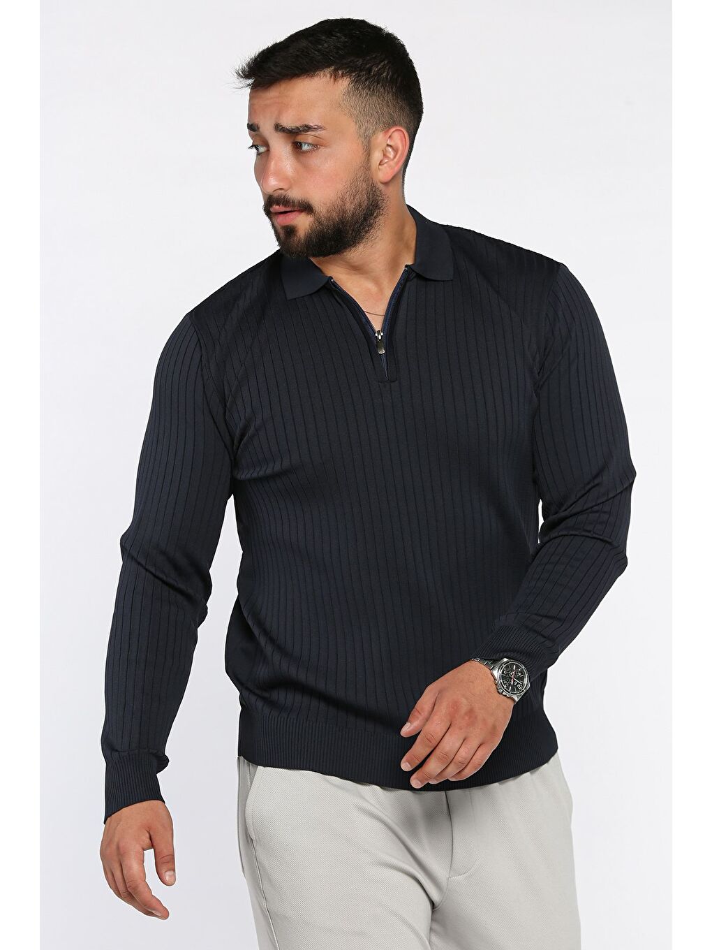 Lacivert Erkek Polo Yaka Yarım Fermuarlı Triko Kazak-1