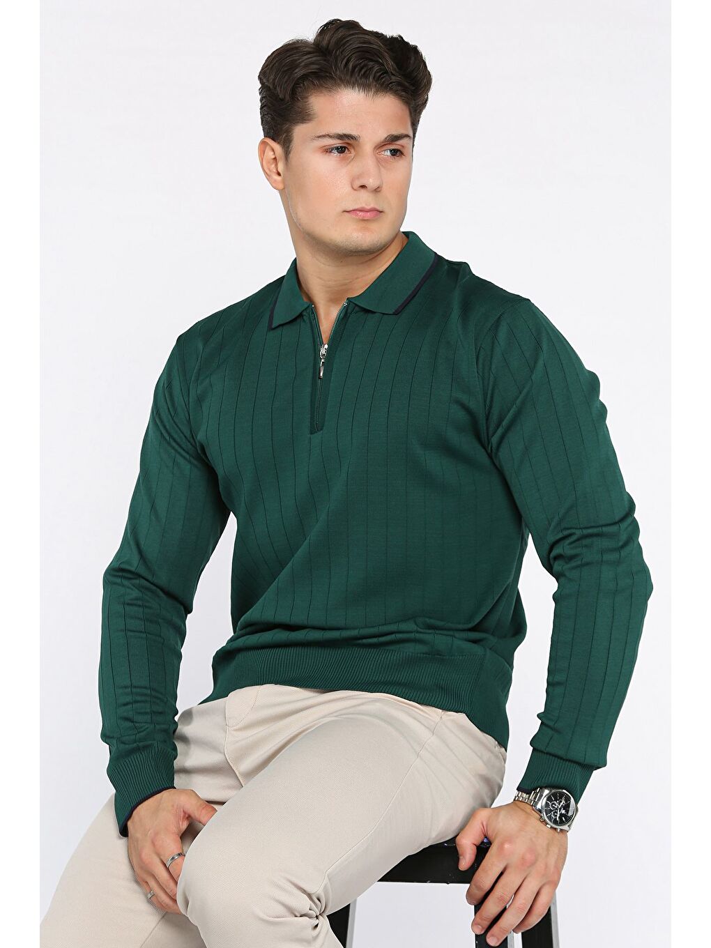 Yeşil Erkek Polo Yaka Yarım Fermuarlı Çizgi Desenli Triko Kazak