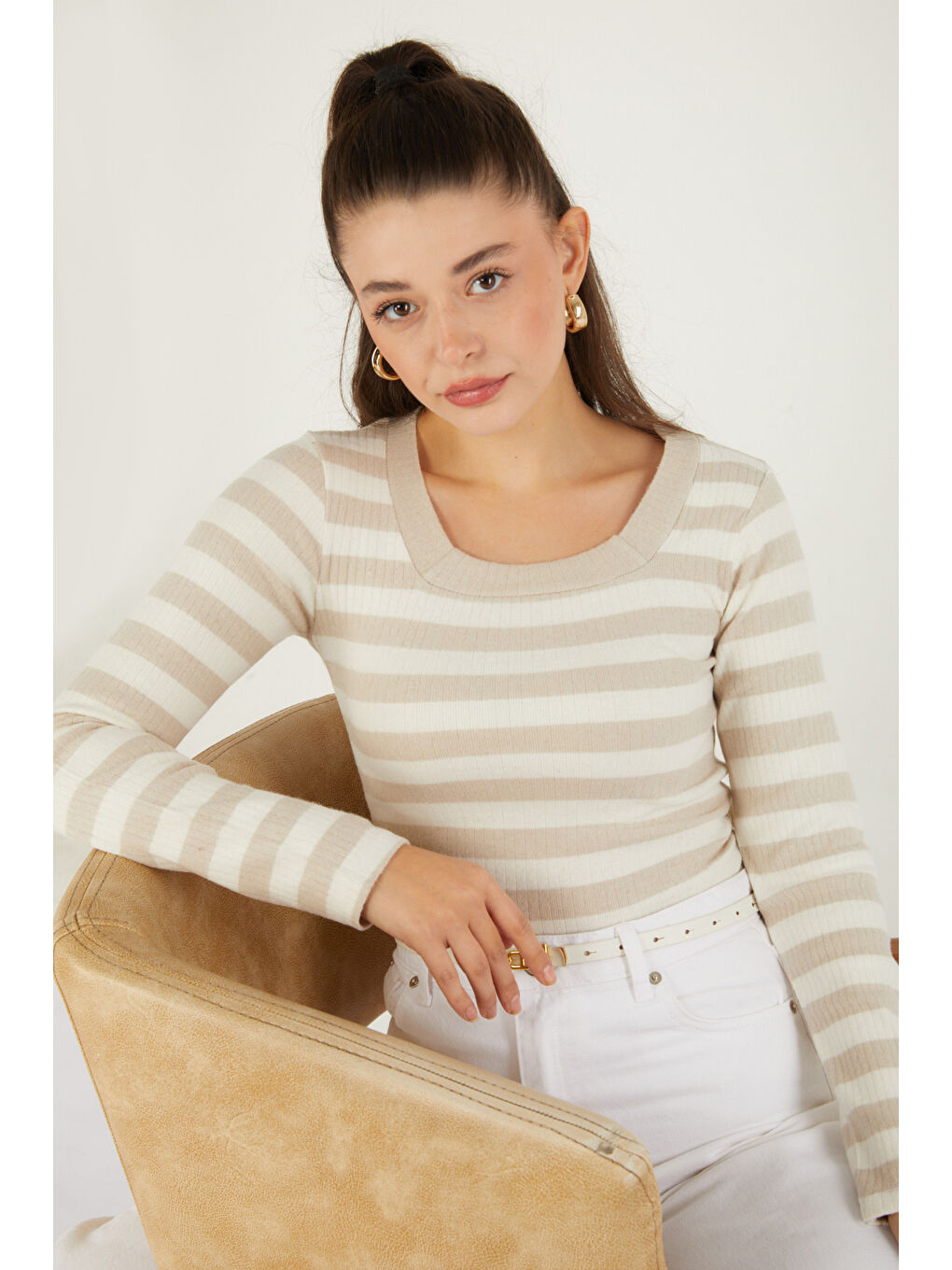 Bej Çizgili Bluz Taş - 26523