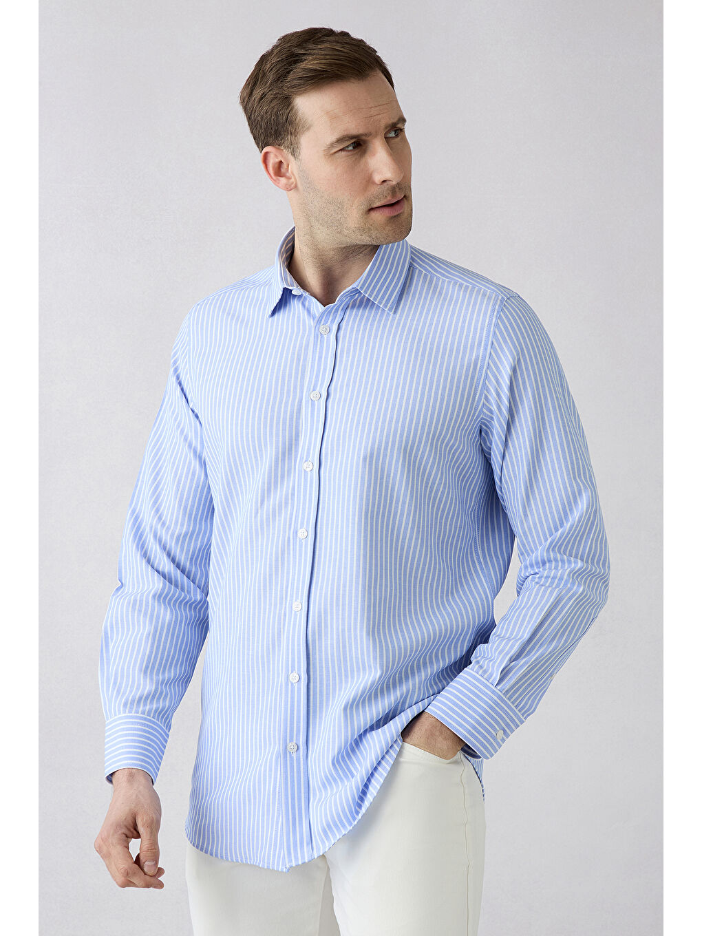Mavi Uzun Kol Regular Fit Çizgili Pamuklu Gömlek-5