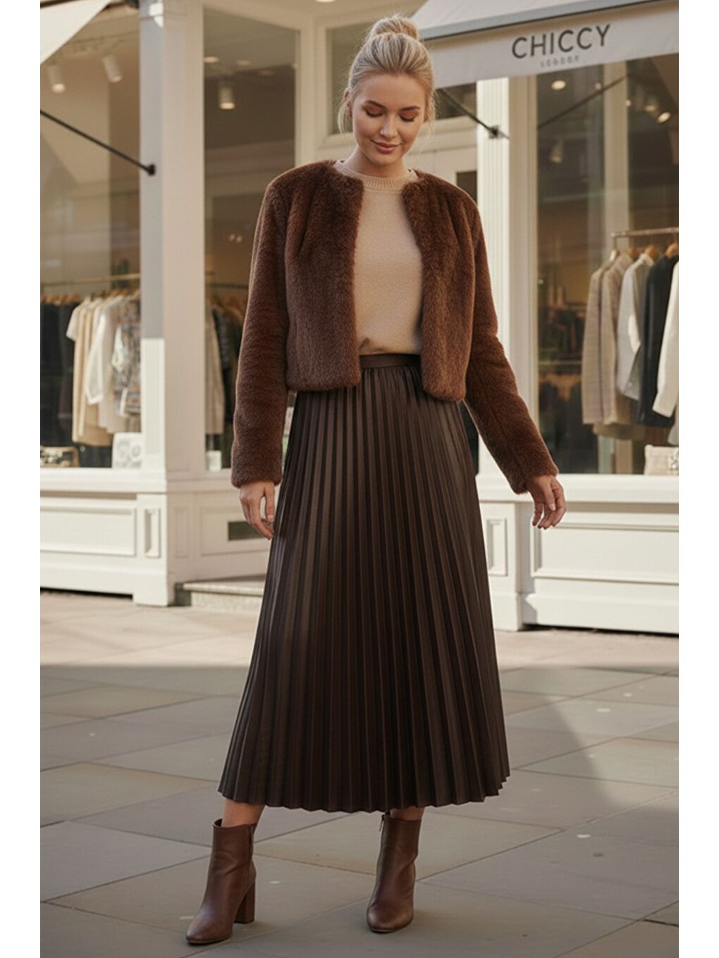 Kahverengi Eteği Pliseli Lastikli Bel Casual Suni Deri Uzun Dokuma Etek 95 60