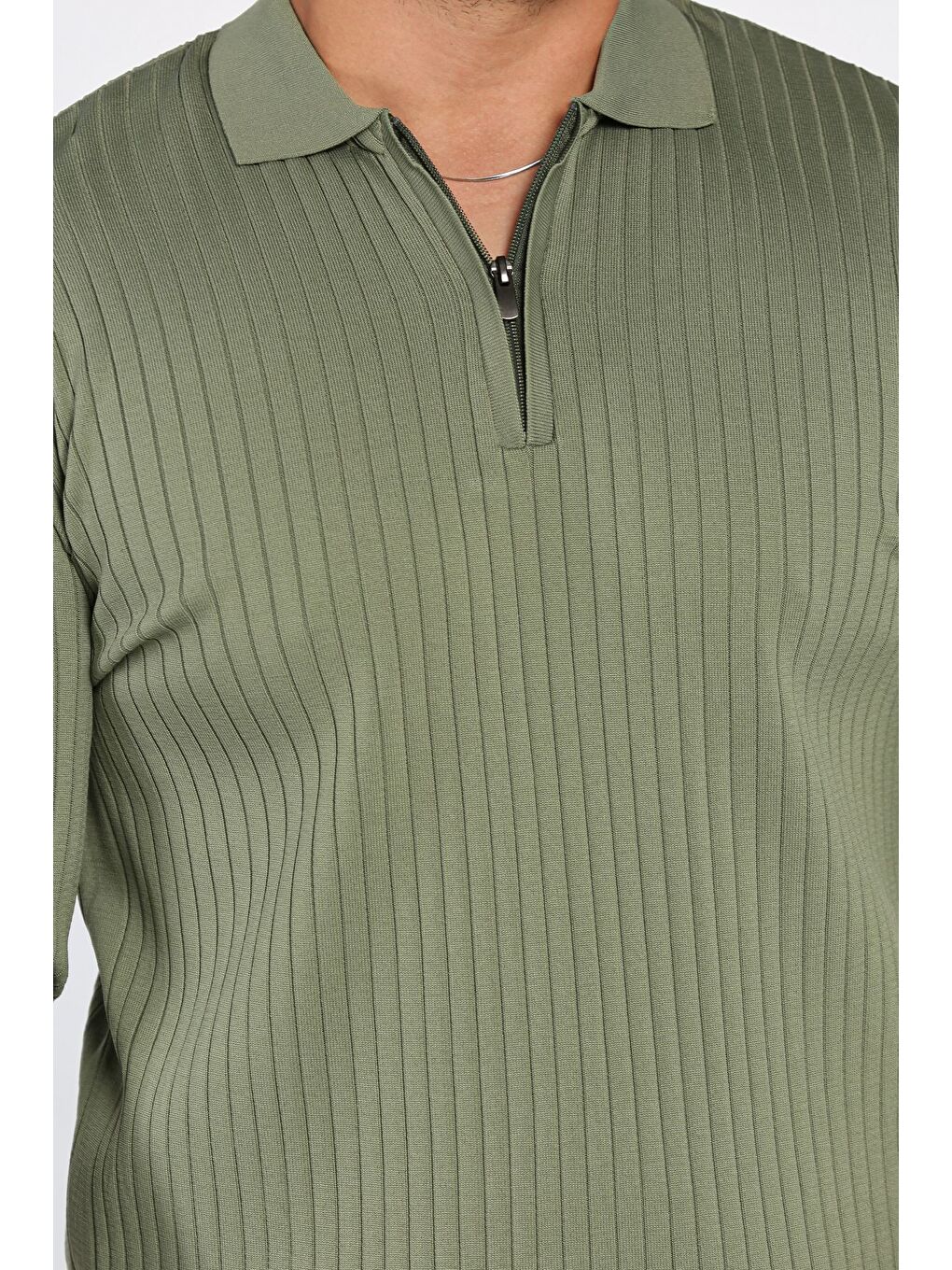 Haki Erkek Polo Yaka Yarım Fermuarlı Triko Kazak-3