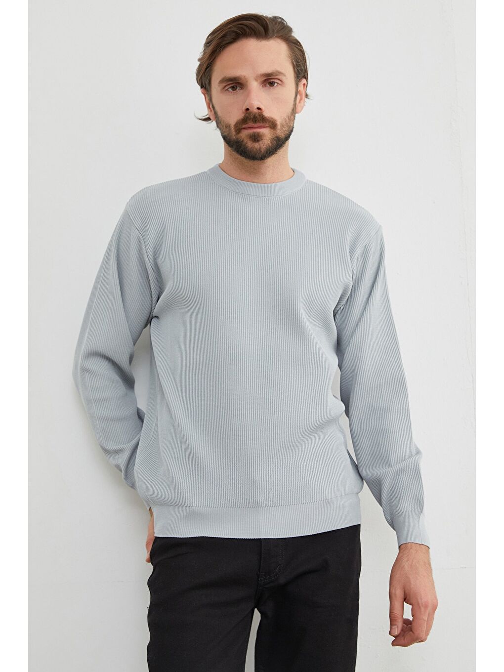 Gri Basic Bisiklet Yaka Triko Kazak