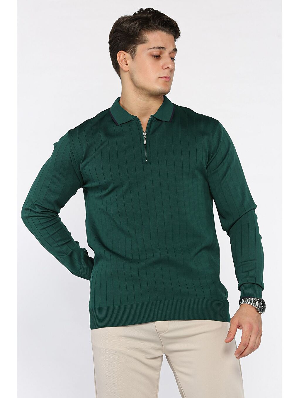 Yeşil Erkek Polo Yaka Yarım Fermuarlı Çizgi Desenli Triko Kazak-1