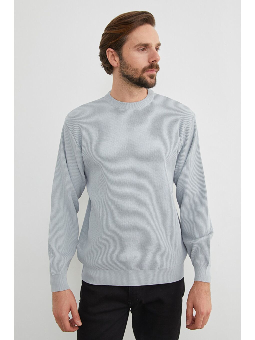 Gri Basic Bisiklet Yaka Triko Kazak-1