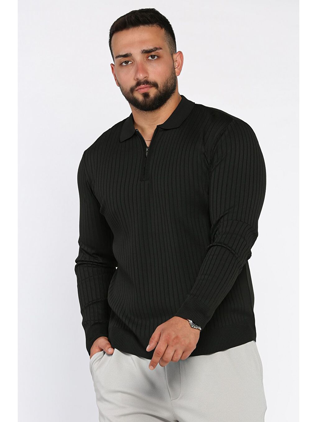 Siyah Erkek Polo Yaka Yarım Fermuarlı Triko Kazak-1