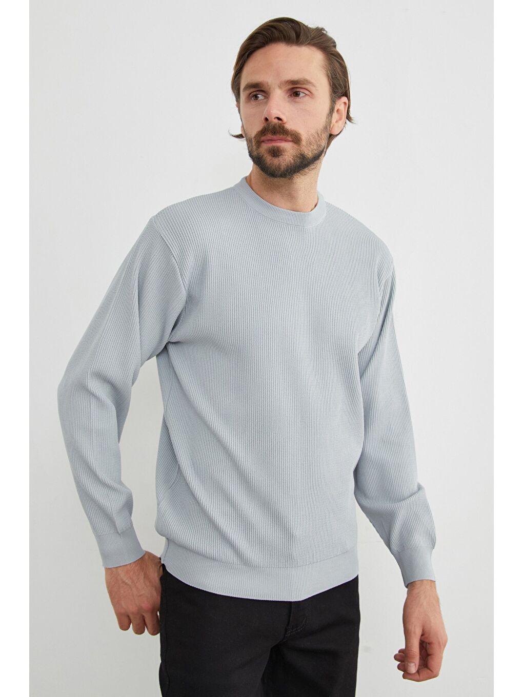 Gri Basic Bisiklet Yaka Triko Kazak-2