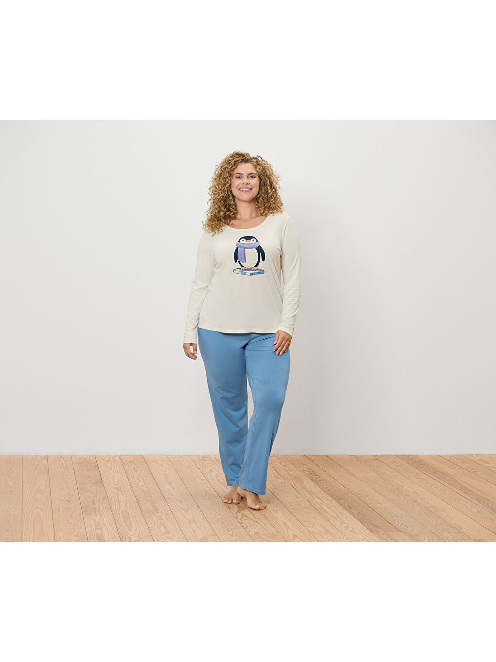 Ekru Kadın Pijama, Basic Penguen-3