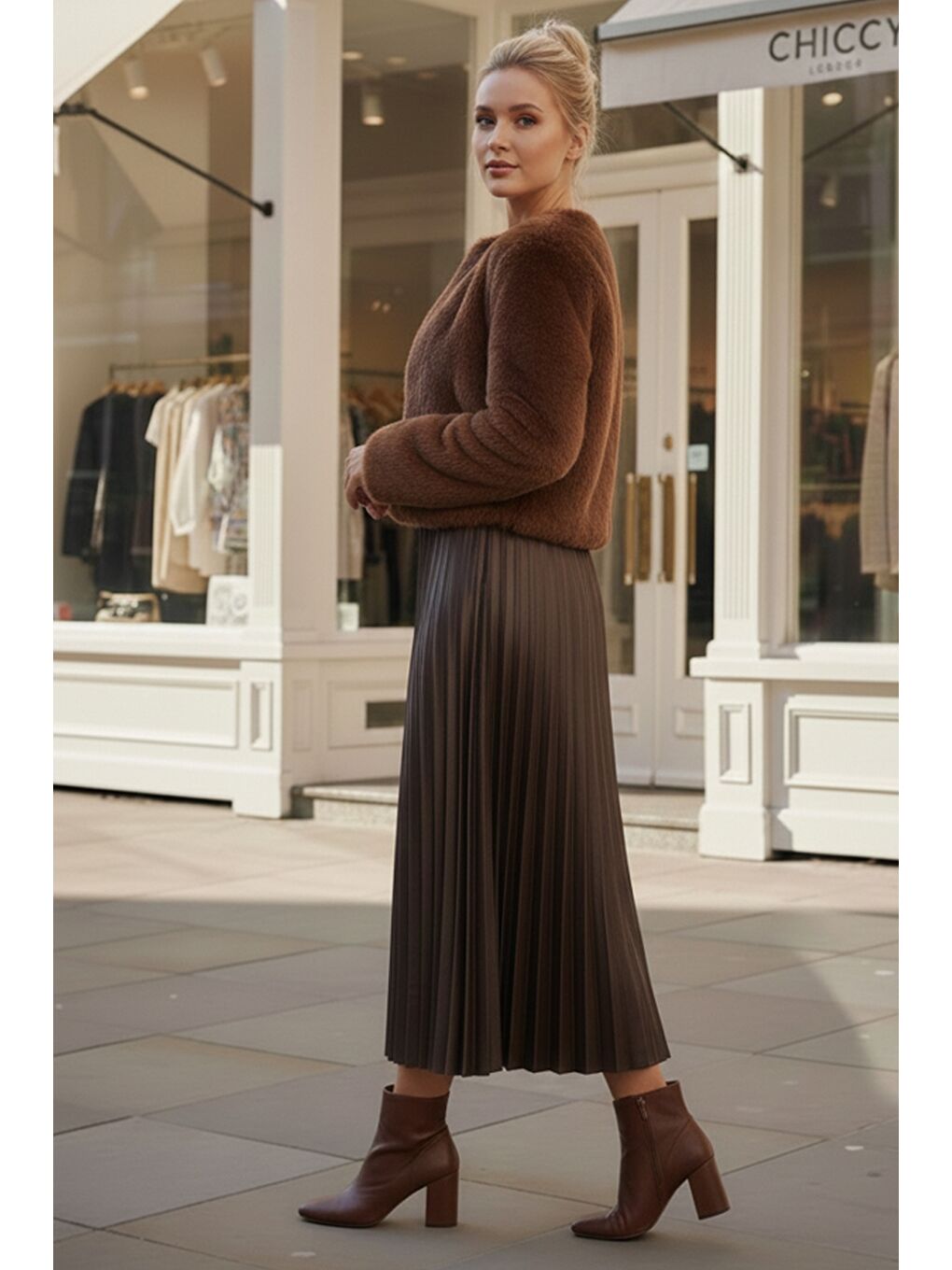 Kahverengi Eteği Pliseli Lastikli Bel Casual Suni Deri Uzun Dokuma Etek 95 60-1