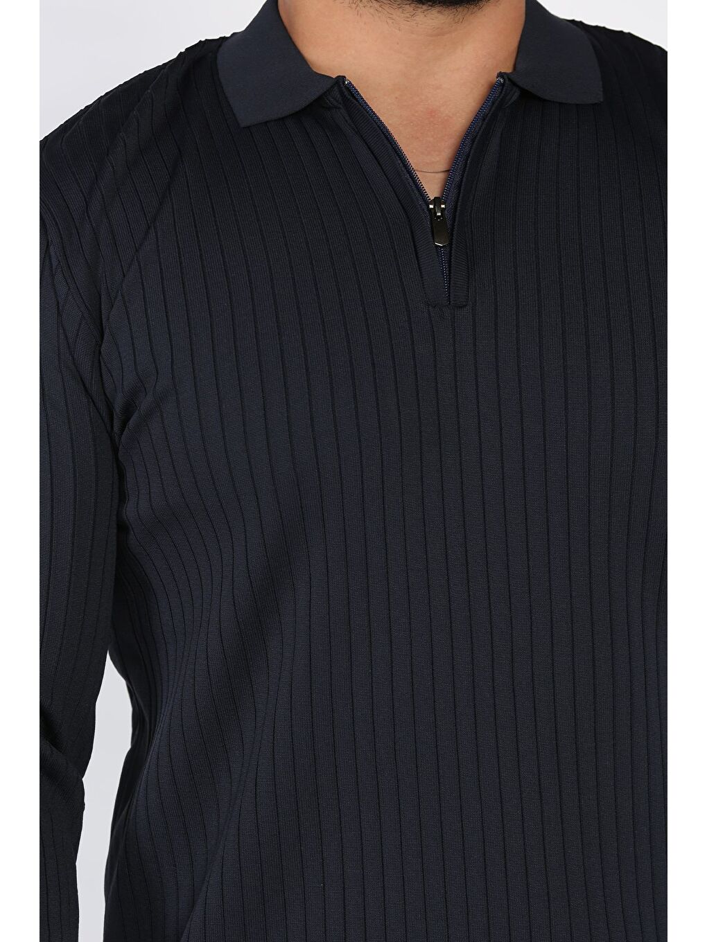 Lacivert Erkek Polo Yaka Yarım Fermuarlı Triko Kazak-3