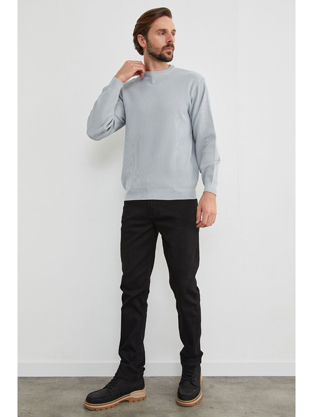 Gri Basic Bisiklet Yaka Triko Kazak-4