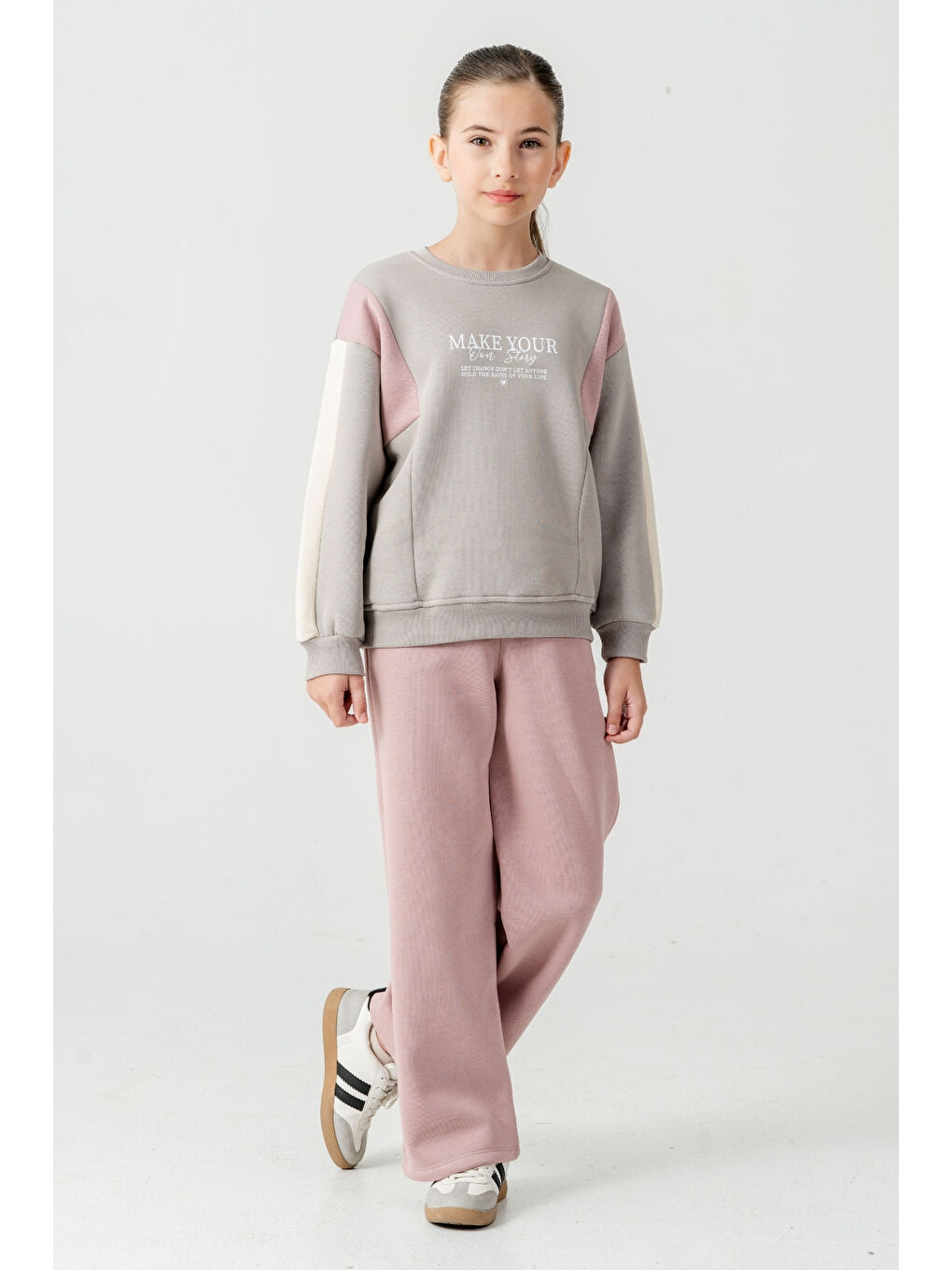 Gri Kız Çocuk Make Your Baskılı 3 İplik Kalın Kışlık Eşofman Takımı Ak4227