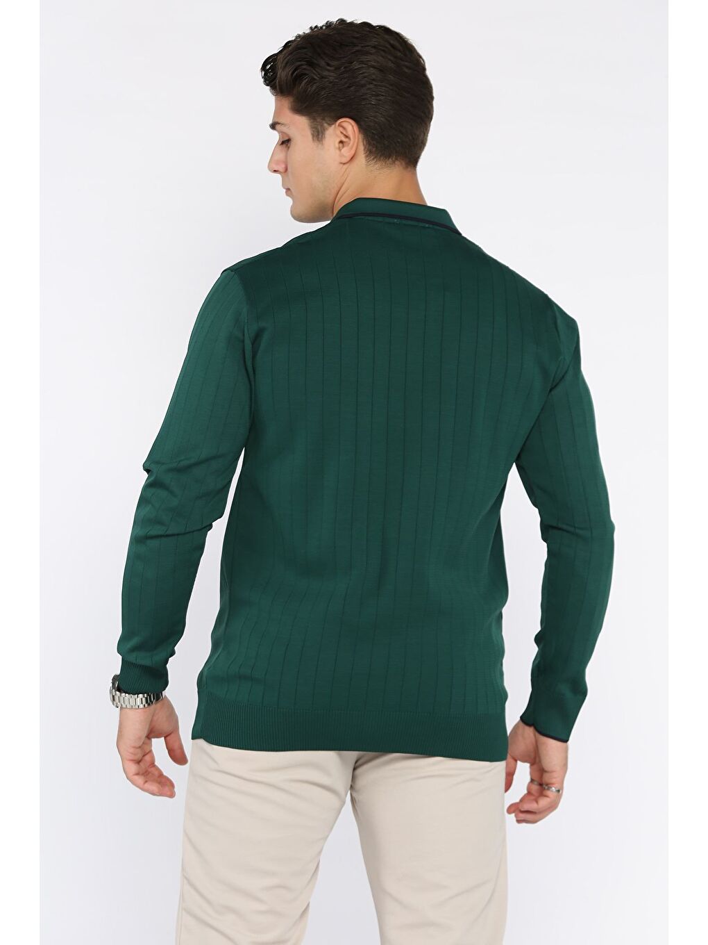 Yeşil Erkek Polo Yaka Yarım Fermuarlı Çizgi Desenli Triko Kazak-2