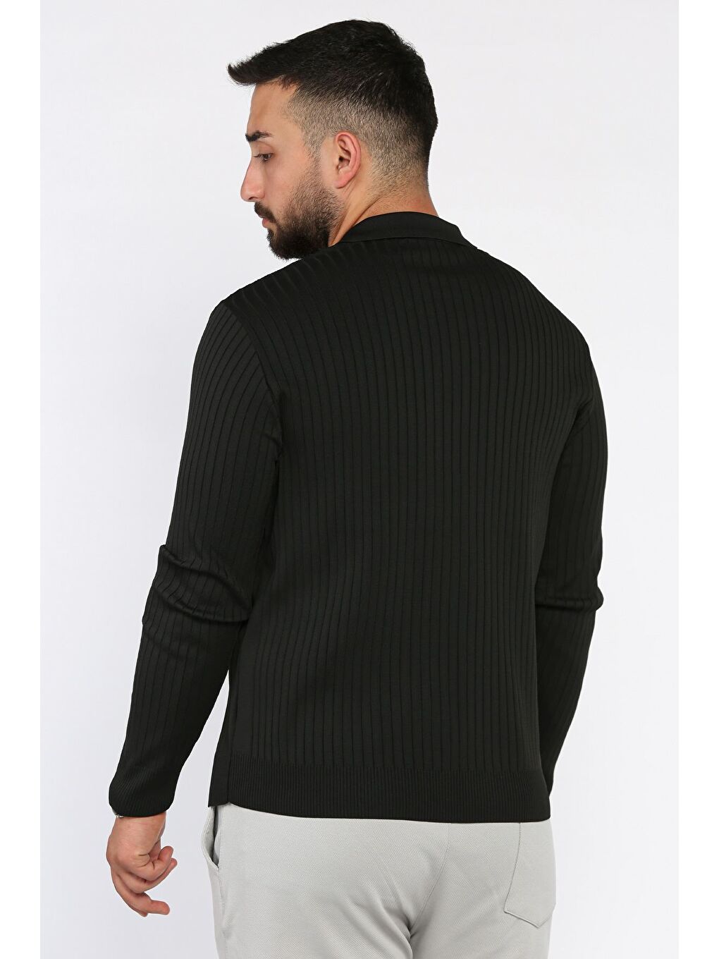 Siyah Erkek Polo Yaka Yarım Fermuarlı Triko Kazak-2