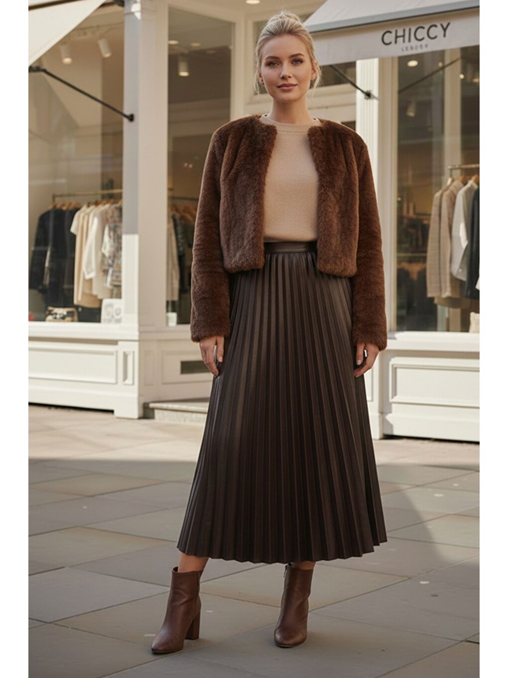 Kahverengi Eteği Pliseli Lastikli Bel Casual Suni Deri Uzun Dokuma Etek 95 60-2