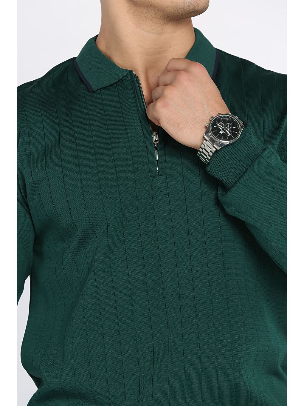 Yeşil Erkek Polo Yaka Yarım Fermuarlı Çizgi Desenli Triko Kazak-3