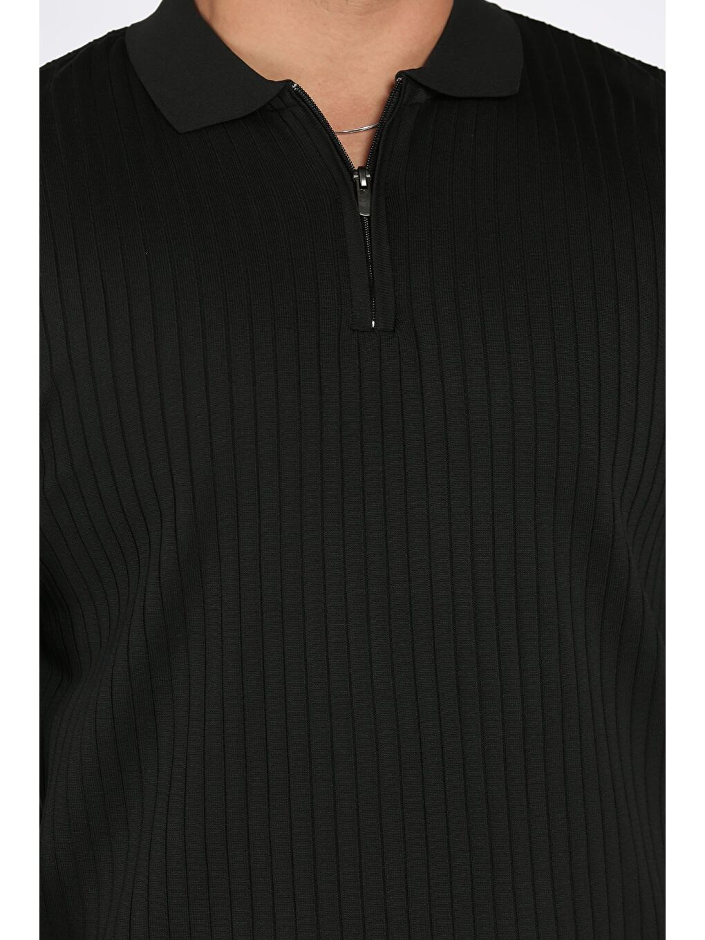 Siyah Erkek Polo Yaka Yarım Fermuarlı Triko Kazak-3