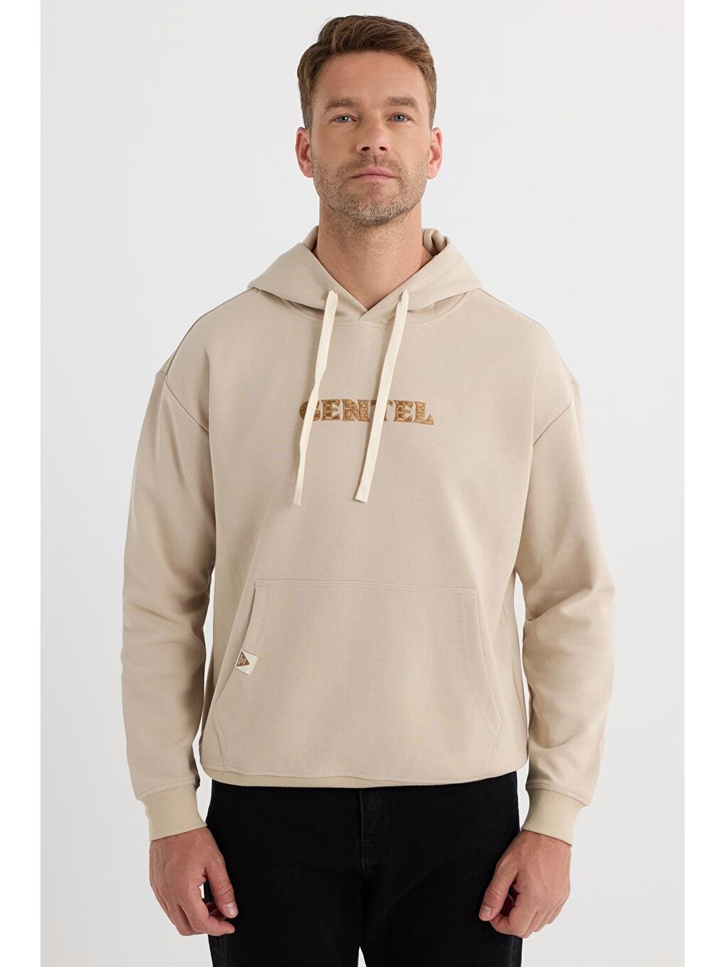 Erkek Oversize Geniş Kesim Pamuklu Baskılı Bej Kapüşonlu Sweatshirt-1