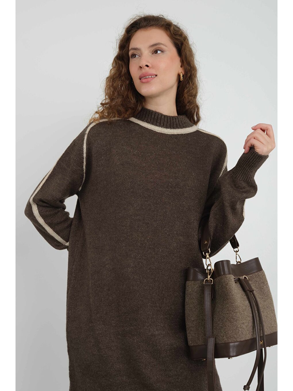 Kahverengi Yarım Balıkçı Yaka Triko Kazak Acı Kahve-1