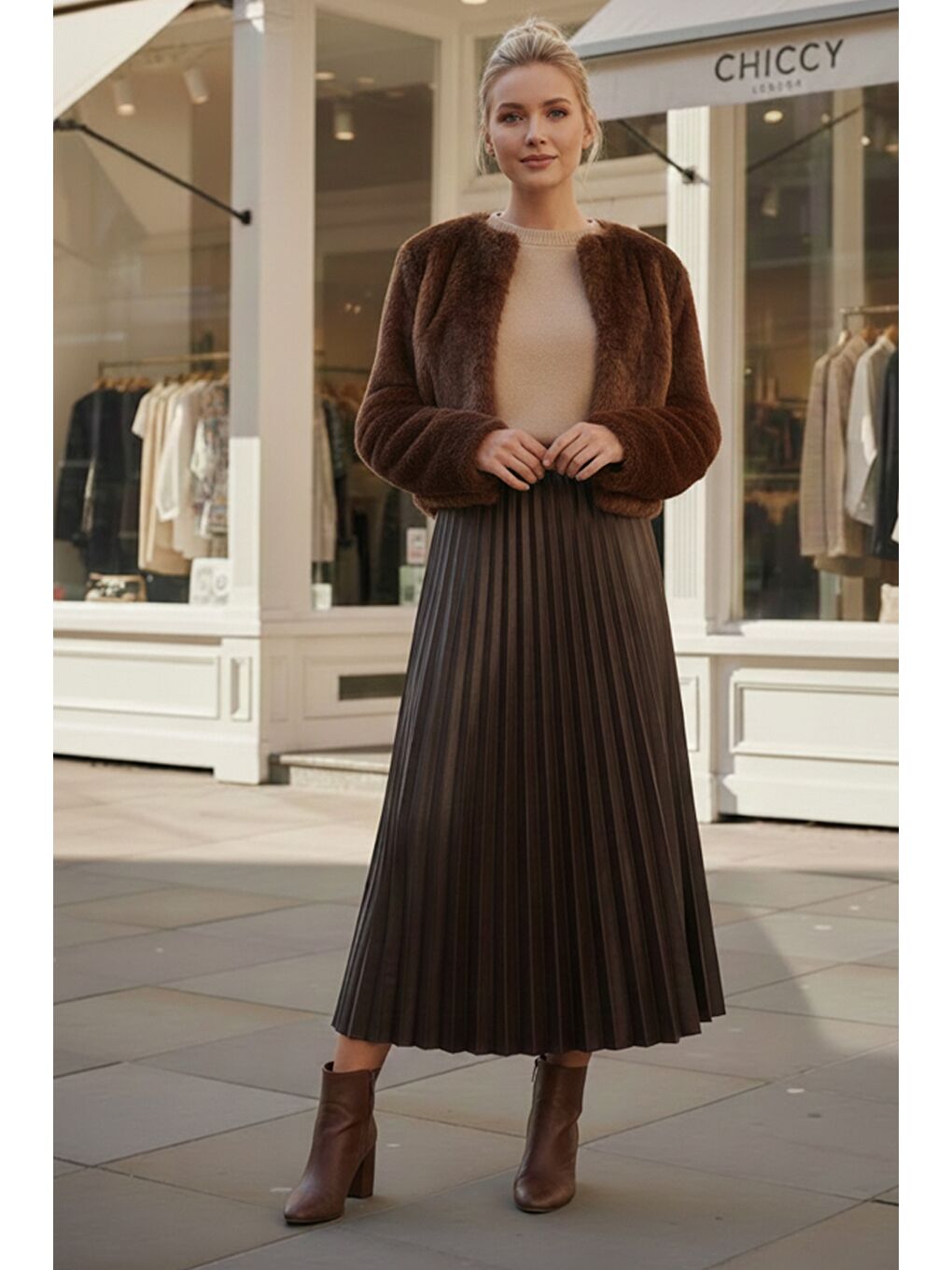 Kahverengi Eteği Pliseli Lastikli Bel Casual Suni Deri Uzun Dokuma Etek 95 60-3
