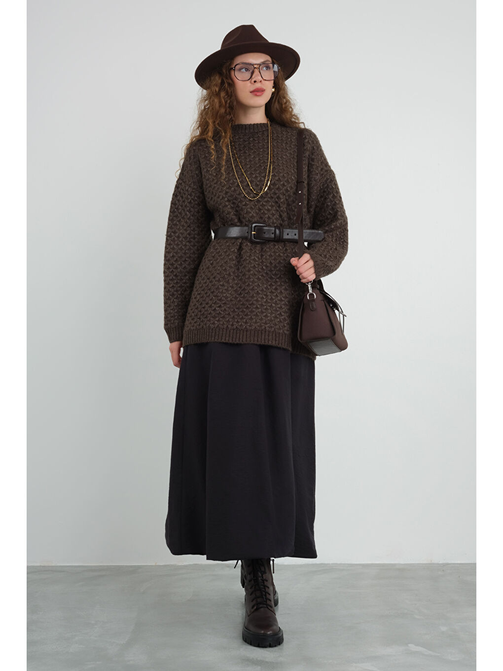 Kahverengi Örümcek Örgülü Kazak Acı Kahve