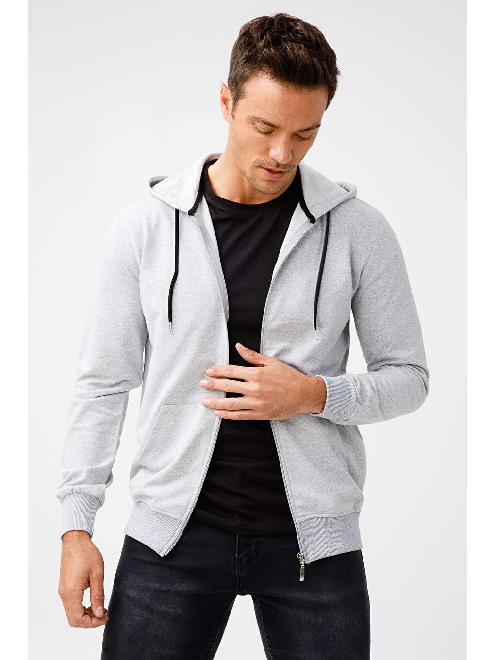 Erkek A.Gri Modernfit / Ekstra Dar Kalıp Kapüşonlu Fermuarlı Sweatshirt-1