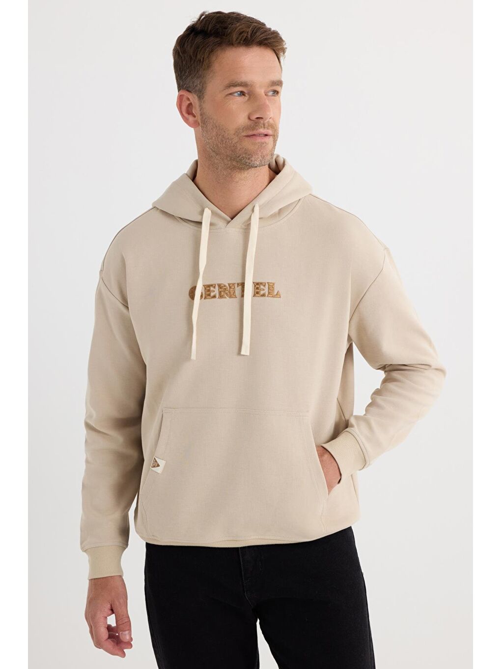 Erkek Oversize Geniş Kesim Pamuklu Baskılı Bej Kapüşonlu Sweatshirt-4