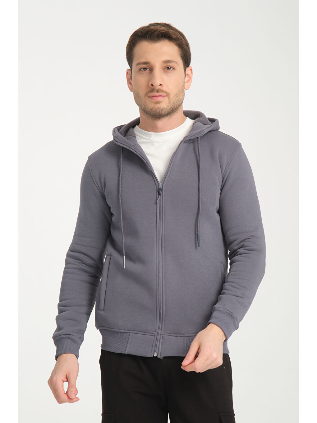 Antrasit 3 İplik  Kapüşonlu Erkek Fermuarlı Sweatshirt Hırka 6052