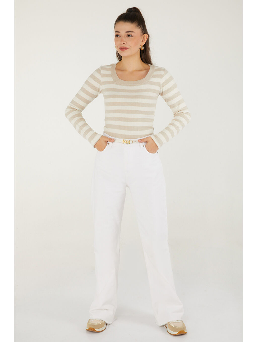 Bej Çizgili Bluz Taş - 26523-1