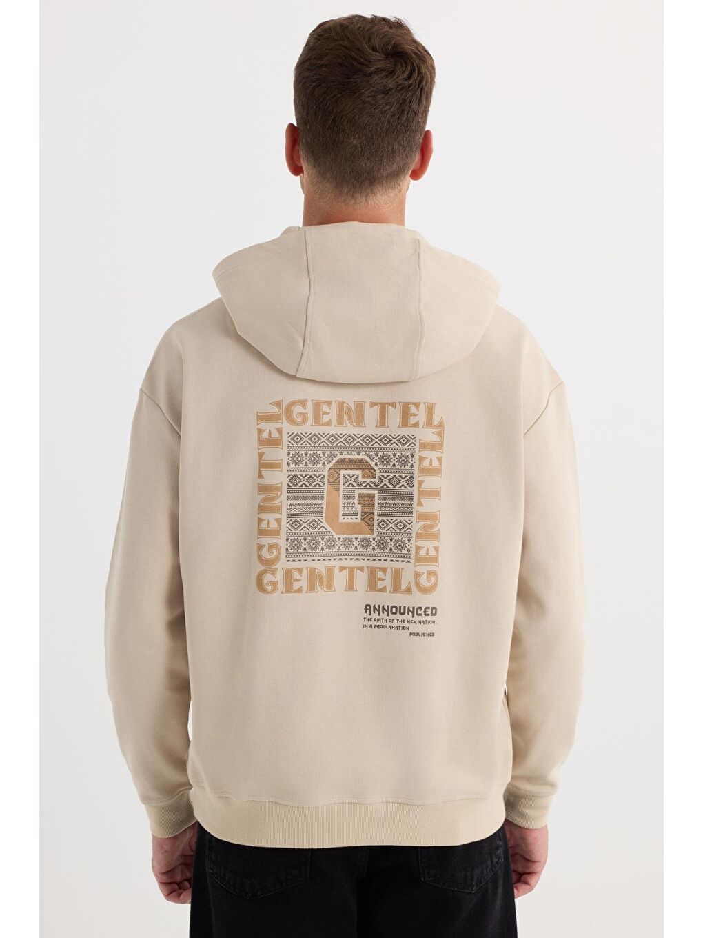 Erkek Oversize Geniş Kesim Pamuklu Baskılı Bej Kapüşonlu Sweatshirt-6