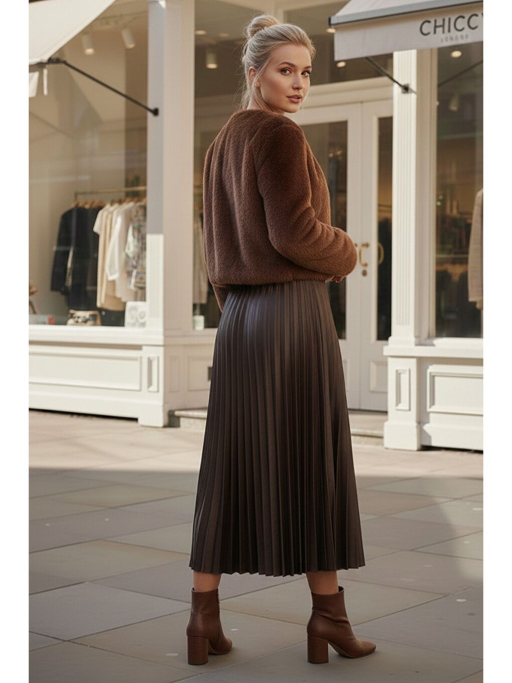 Kahverengi Eteği Pliseli Lastikli Bel Casual Suni Deri Uzun Dokuma Etek 95 60-4