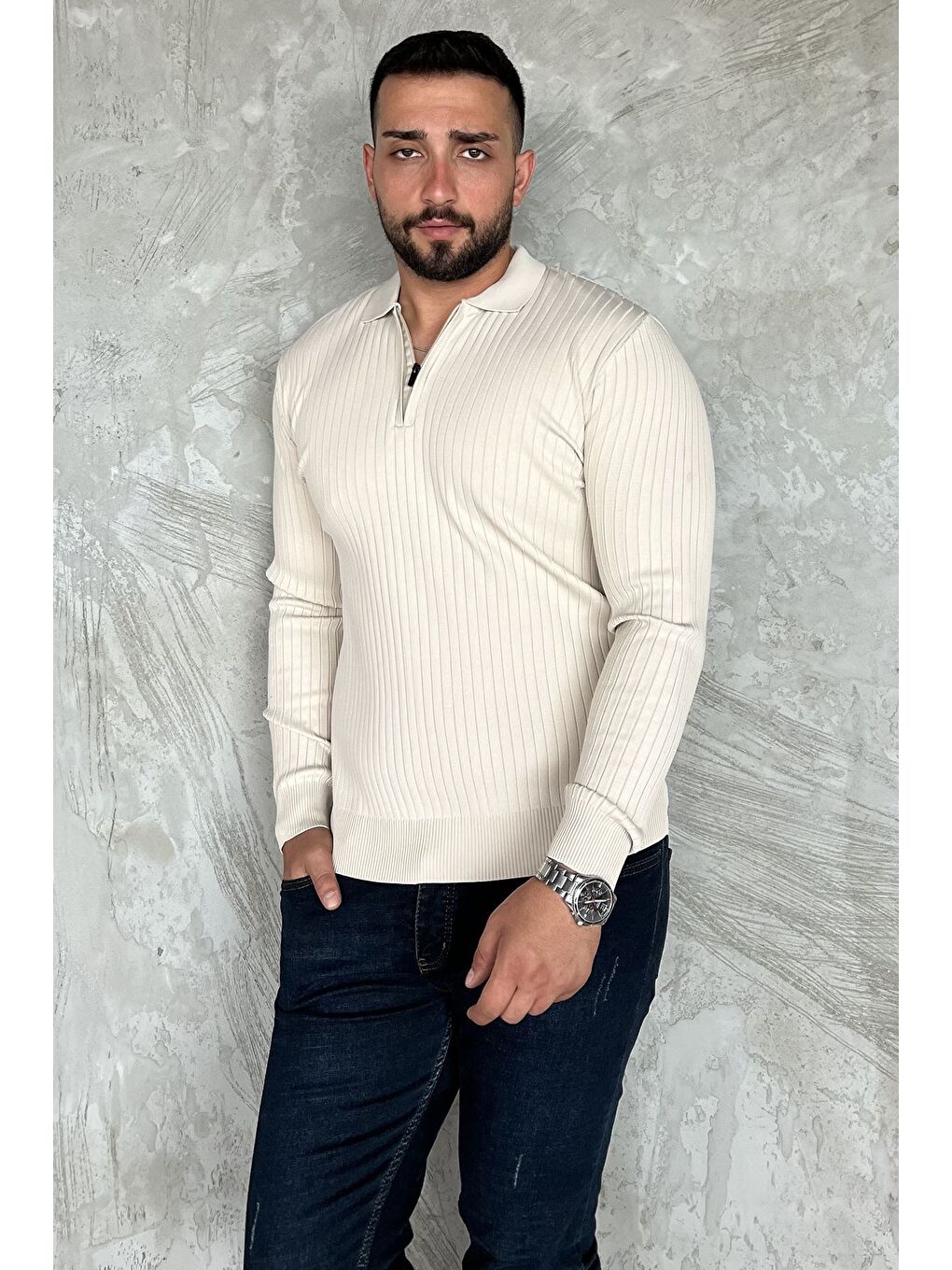 Bej Erkek Polo Yaka Yarım Fermuarlı Triko Kazak