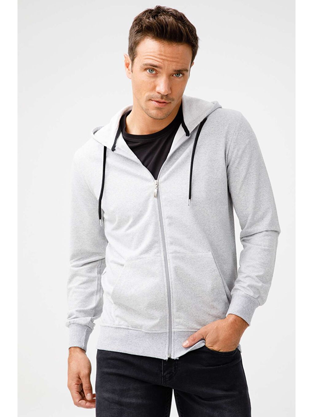 Erkek A.Gri Modernfit / Ekstra Dar Kalıp Kapüşonlu Fermuarlı Sweatshirt-2