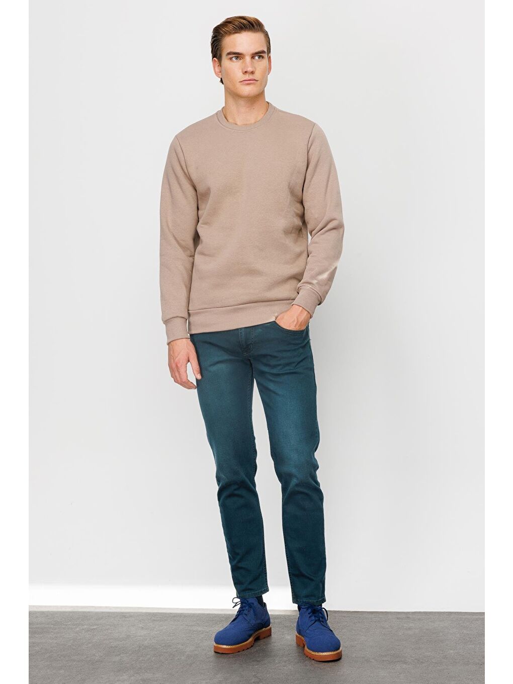 Bej Erkek Camel Bisiklet Yaka Sweatshirt