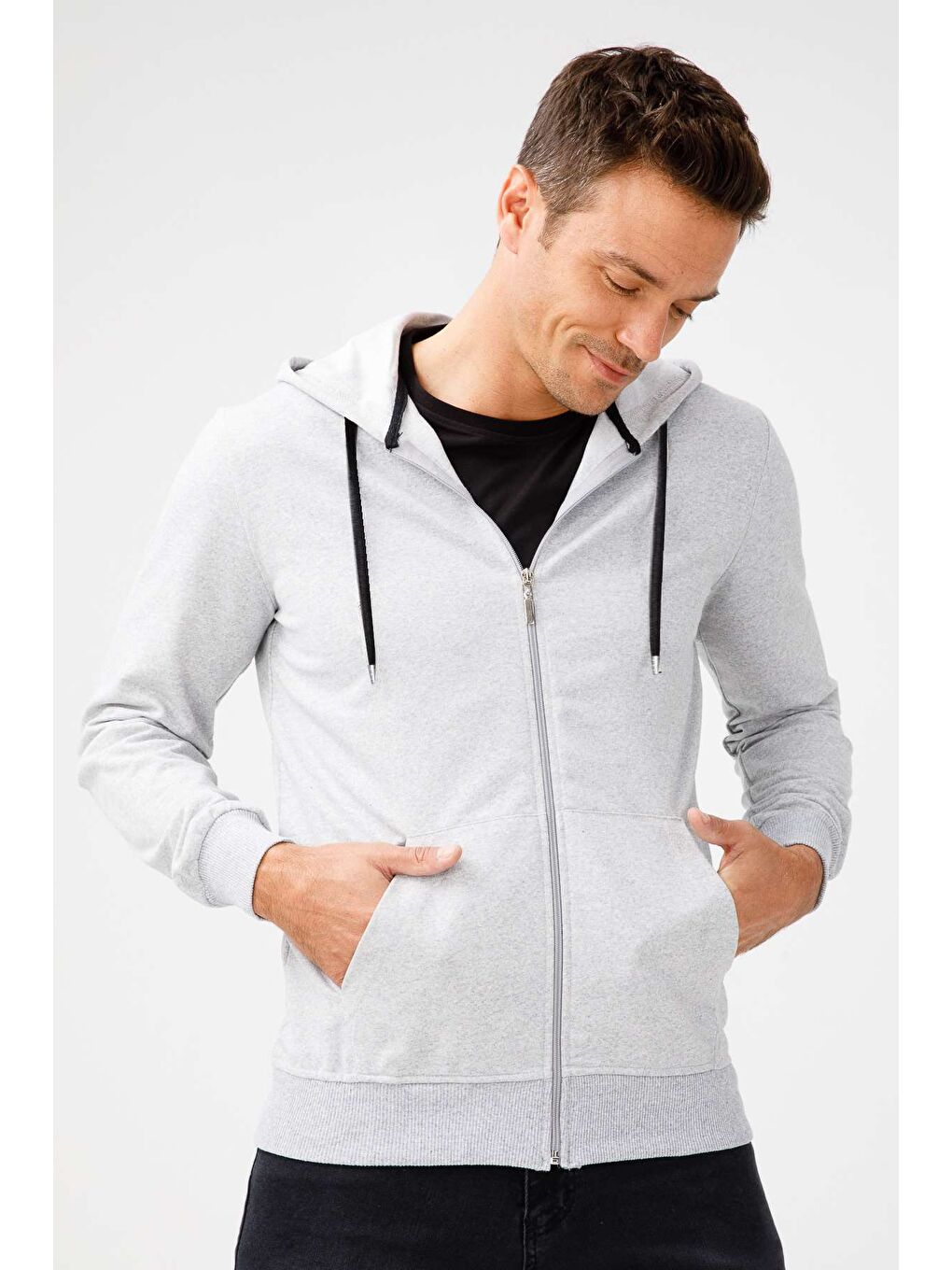 Erkek A.Gri Modernfit / Ekstra Dar Kalıp Kapüşonlu Fermuarlı Sweatshirt-3