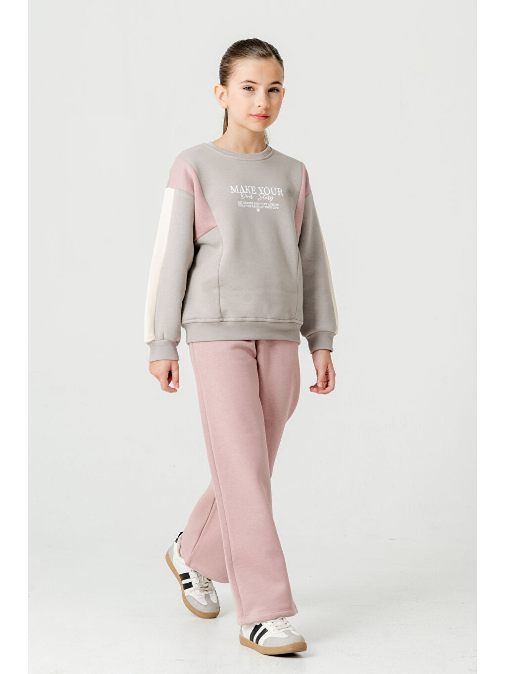 Gri Kız Çocuk Make Your Baskılı 3 İplik Kalın Kışlık Eşofman Takımı Ak4227-1