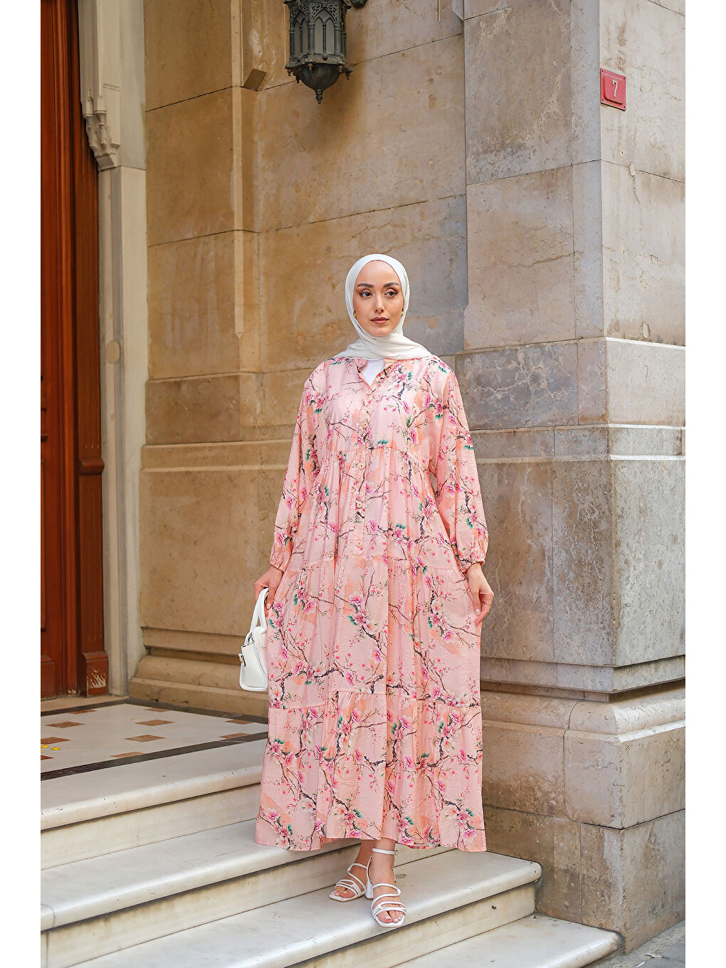 Kadın Sakura Çiçeği Desenli Elbise Pembe-1