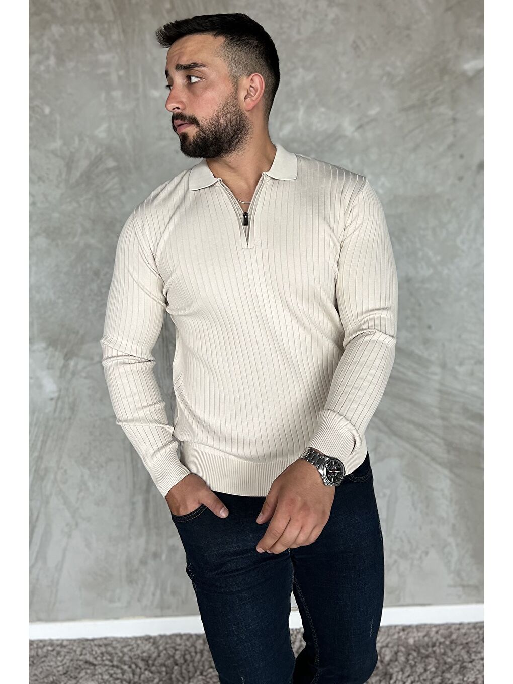 Bej Erkek Polo Yaka Yarım Fermuarlı Triko Kazak-1