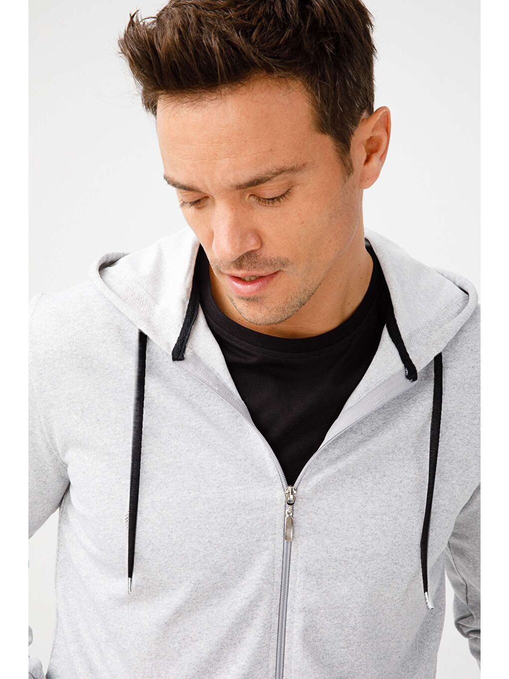 Erkek A.Gri Modernfit / Ekstra Dar Kalıp Kapüşonlu Fermuarlı Sweatshirt-4
