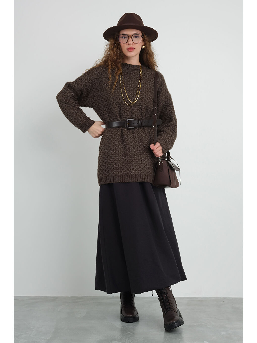 Kahverengi Örümcek Örgülü Kazak Acı Kahve-1