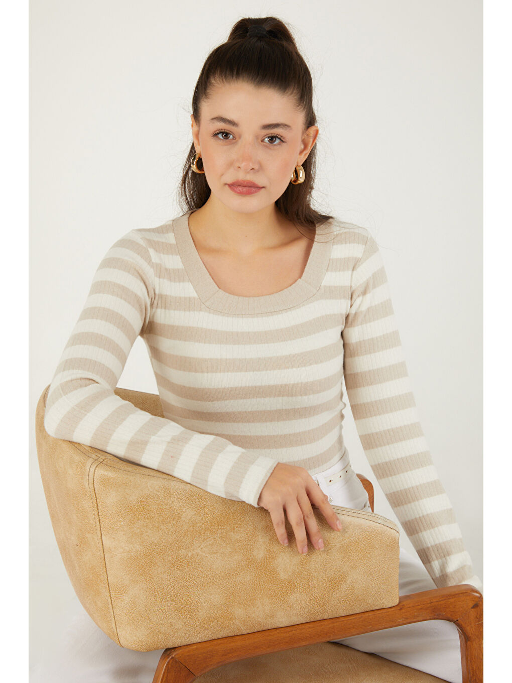 Bej Çizgili Bluz Taş - 26523-2