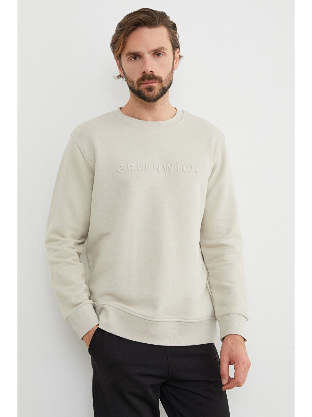 Bej Greenwich Yazı Nakışlı Bisiklet Yaka Sweatshirt