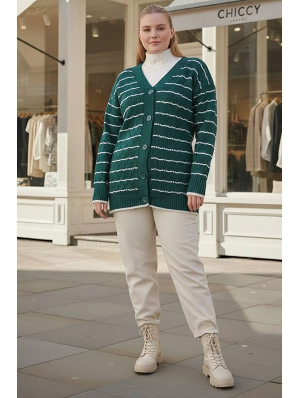 Büyük Beden Yeşil-Beyaz V Yaka Uzun Kol Çizgili Düğmeli Casual Ajur Örgü Triko Hırka 80 62-1