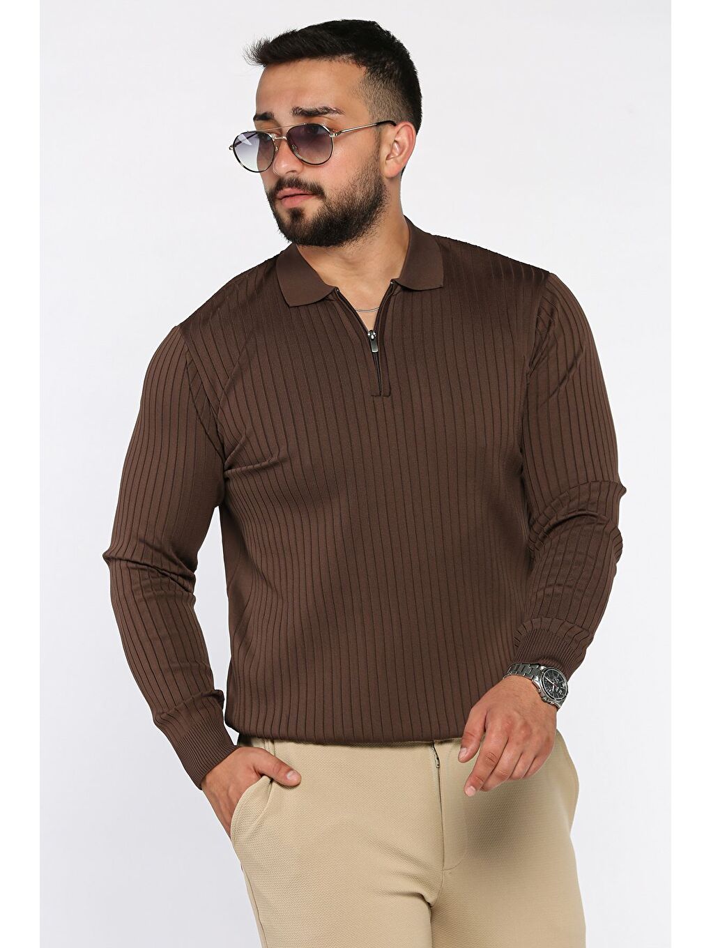 Kahverengi Erkek Polo Yaka Yarım Fermuarlı Triko Kazak-1