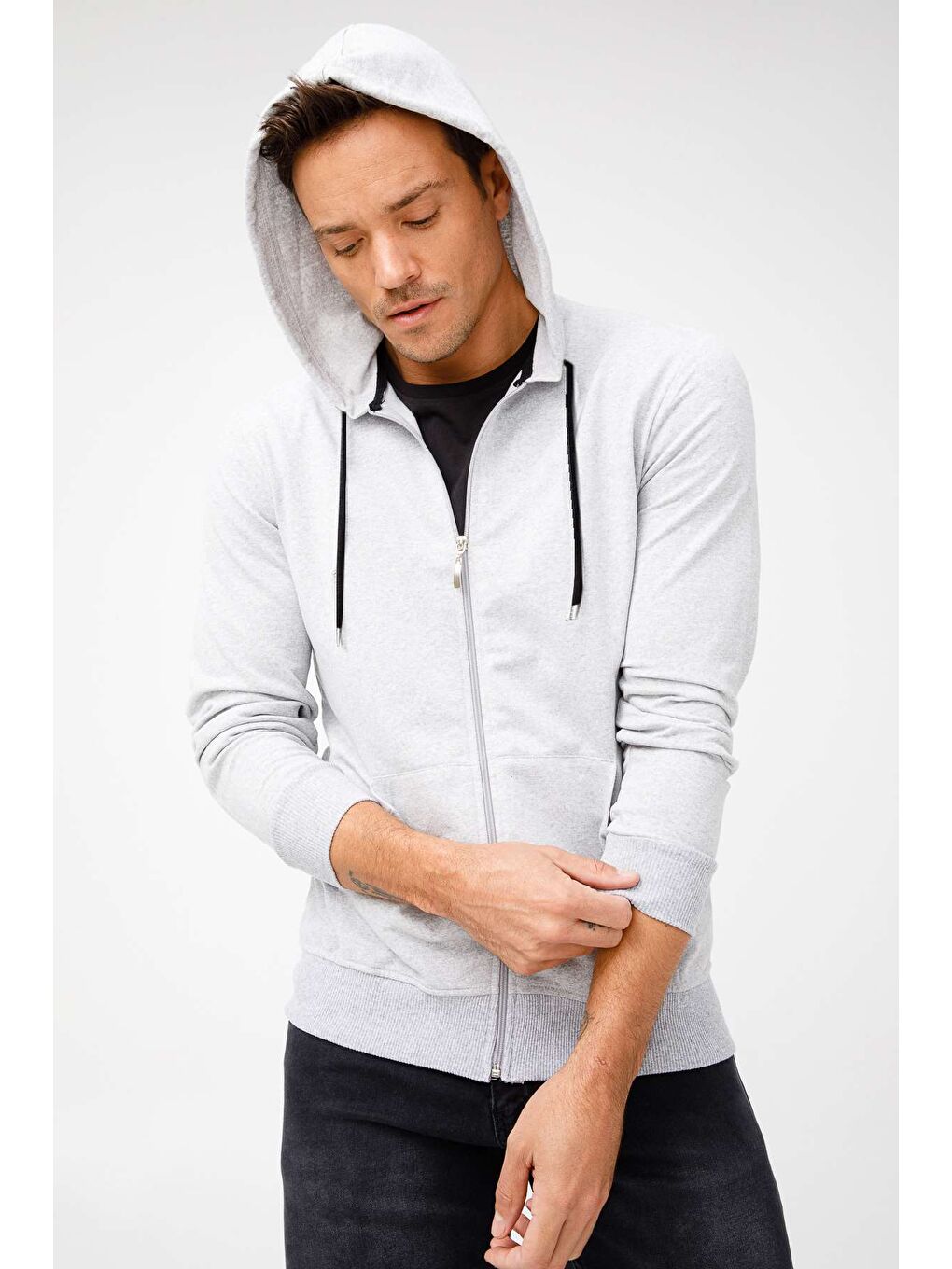 Erkek A.Gri Modernfit / Ekstra Dar Kalıp Kapüşonlu Fermuarlı Sweatshirt-5