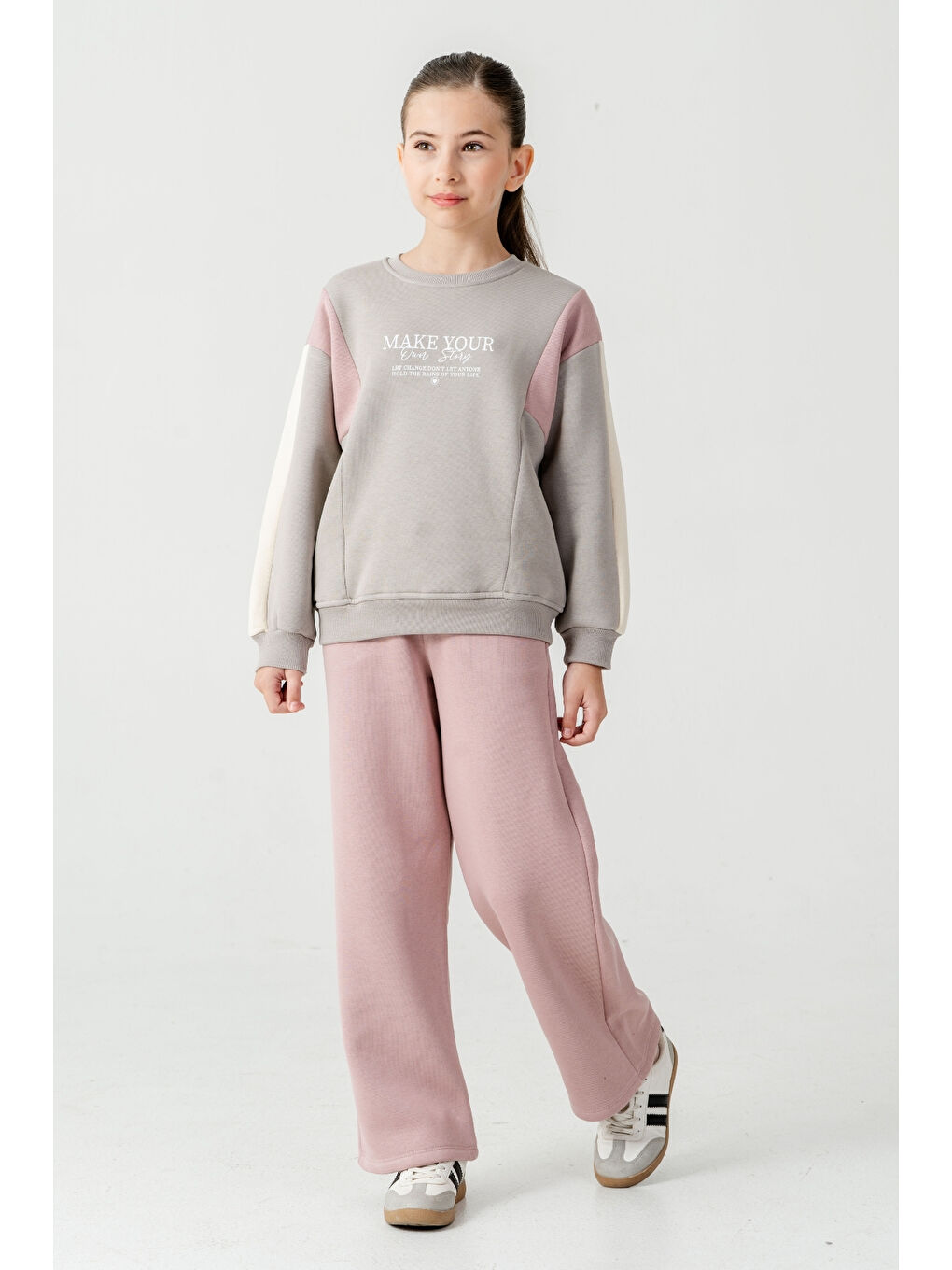 Gri Kız Çocuk Make Your Baskılı 3 İplik Kalın Kışlık Eşofman Takımı Ak4227-2