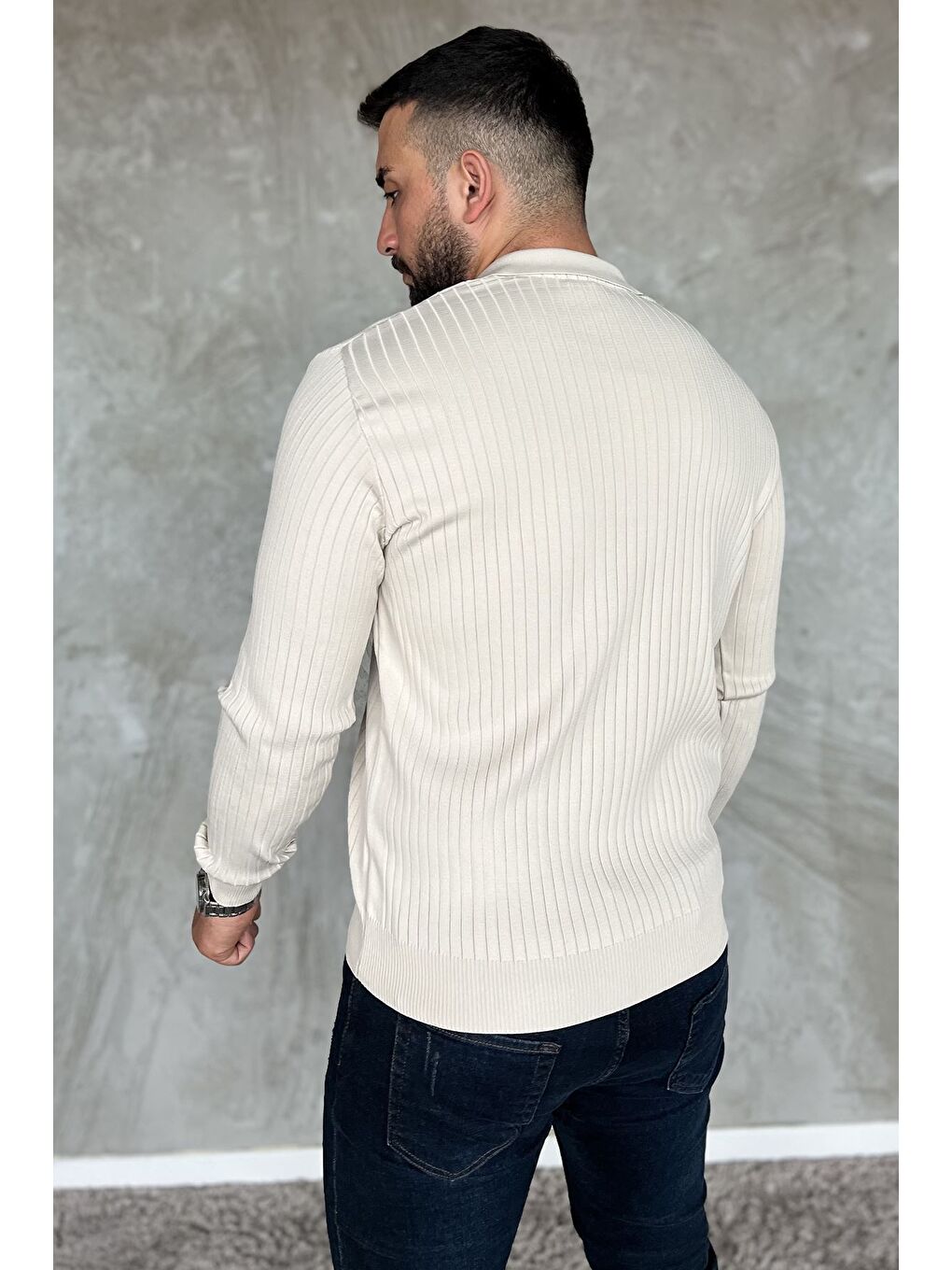 Bej Erkek Polo Yaka Yarım Fermuarlı Triko Kazak-2