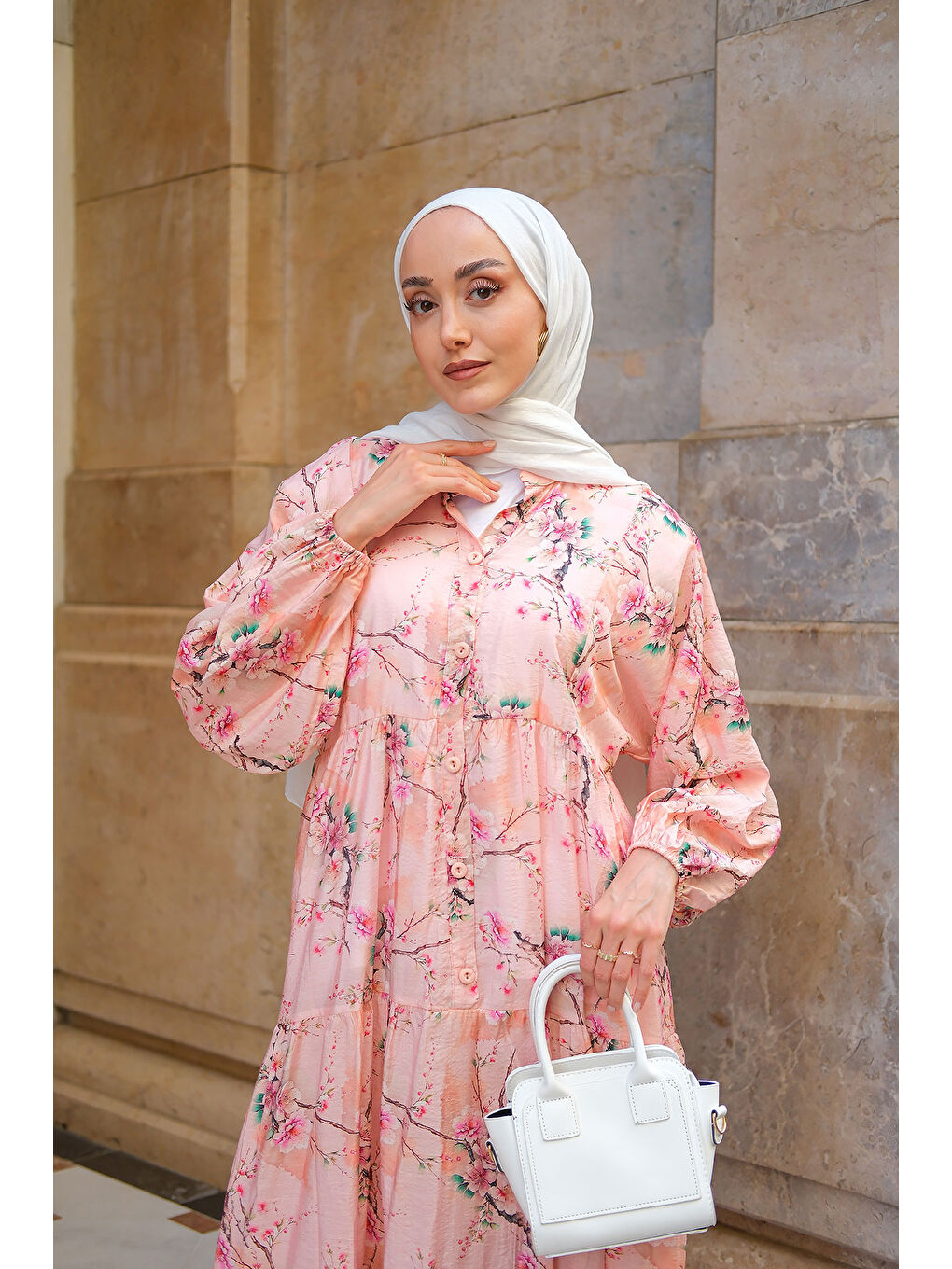 Kadın Sakura Çiçeği Desenli Elbise Pembe-2