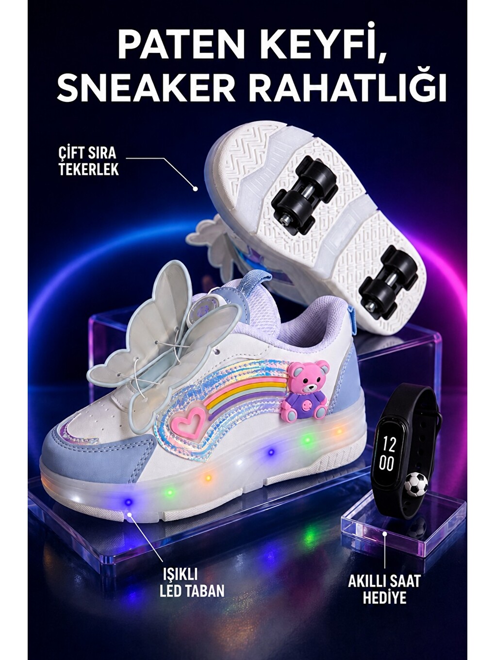Mavi Çocuk Işıklı Patenli Tekerlekli Sneaker Spor Ayakkabı-1